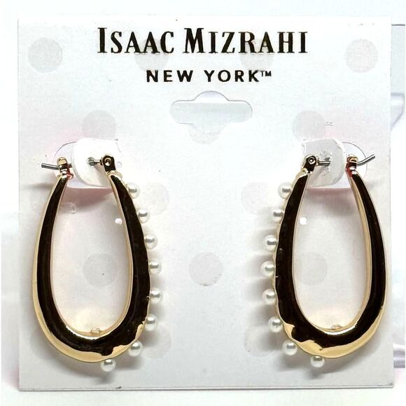 ISAAC MIZRAHI Gold Tone Pearl Oval Hoop Earrings - Picture 2 of 7